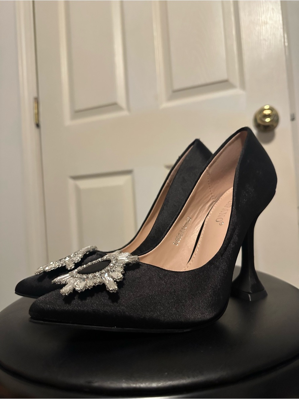 Black Satin Pointed Toe Heels with Crystal Brooch